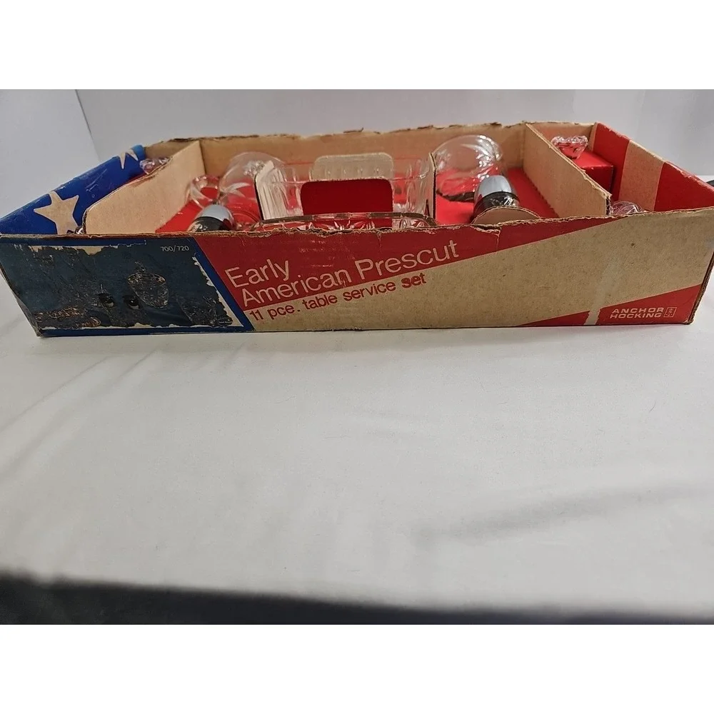 VTG ANCHOR HOCKING EARLY AMERICAN PRESCUT 11 ‎ PIECE TABLE SERVING SET / NIB